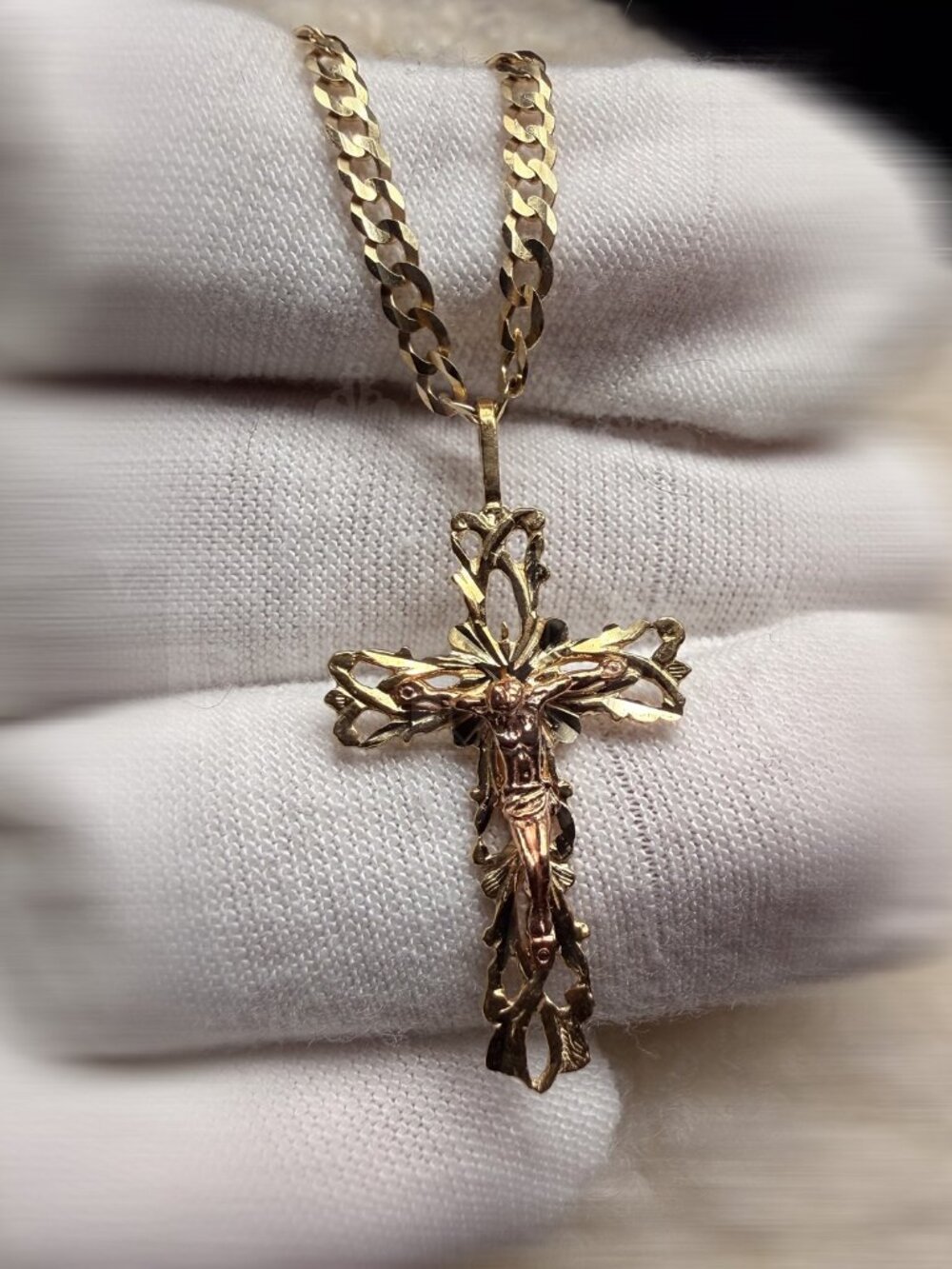 14K Two Tone Gold Fancy Crucufix Pendant With 2.7mm Cuban Chain - 18 inch